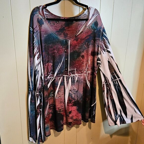 Tops - Boho Chic Women's Bohemian Tunic Top with Bell Sleeves, Plus-Size 3X, Stretchy